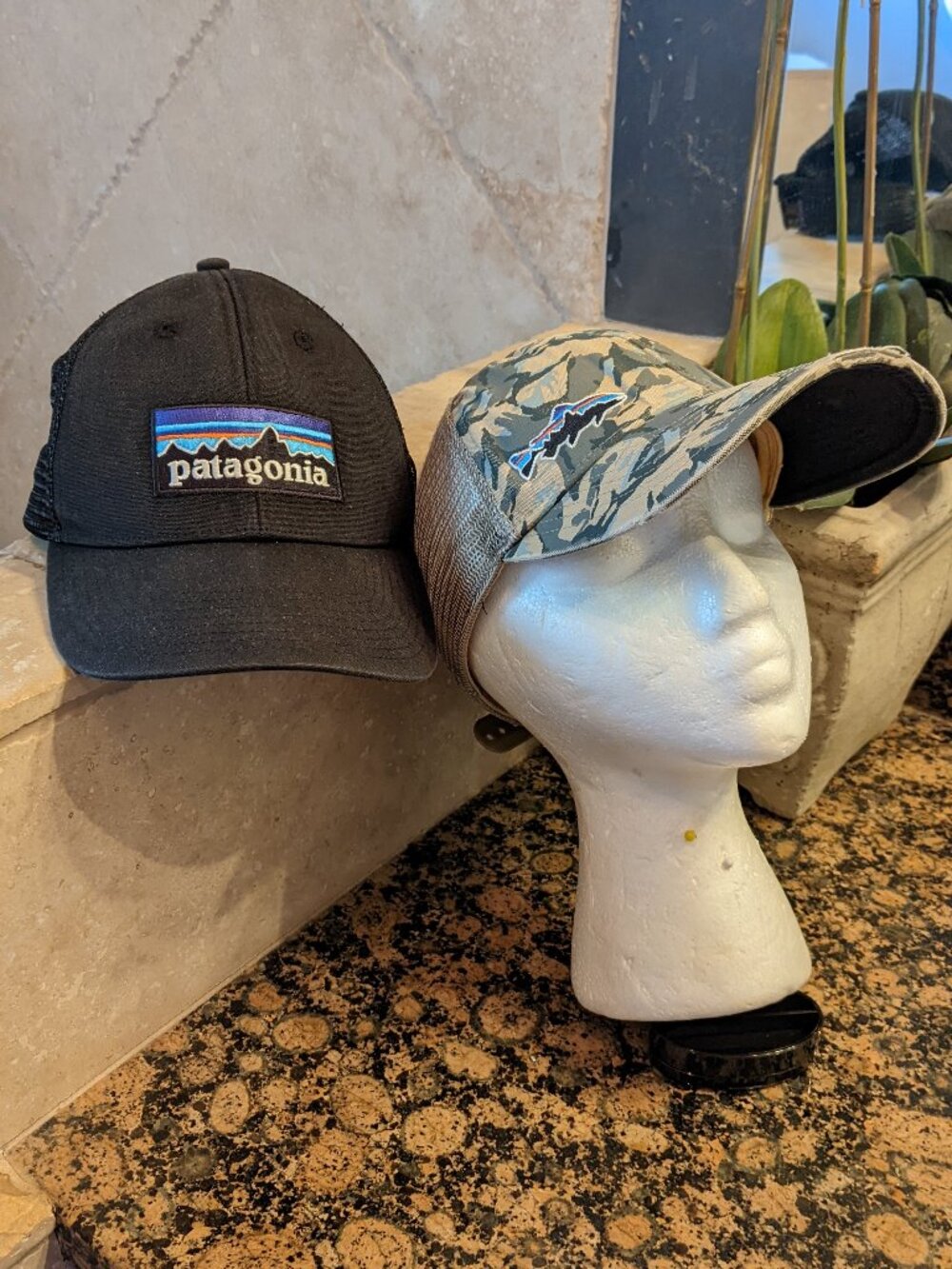 Two (2) Patagonia Mesh Trucker Hat Snap Back Baseball Cap Camo & Black